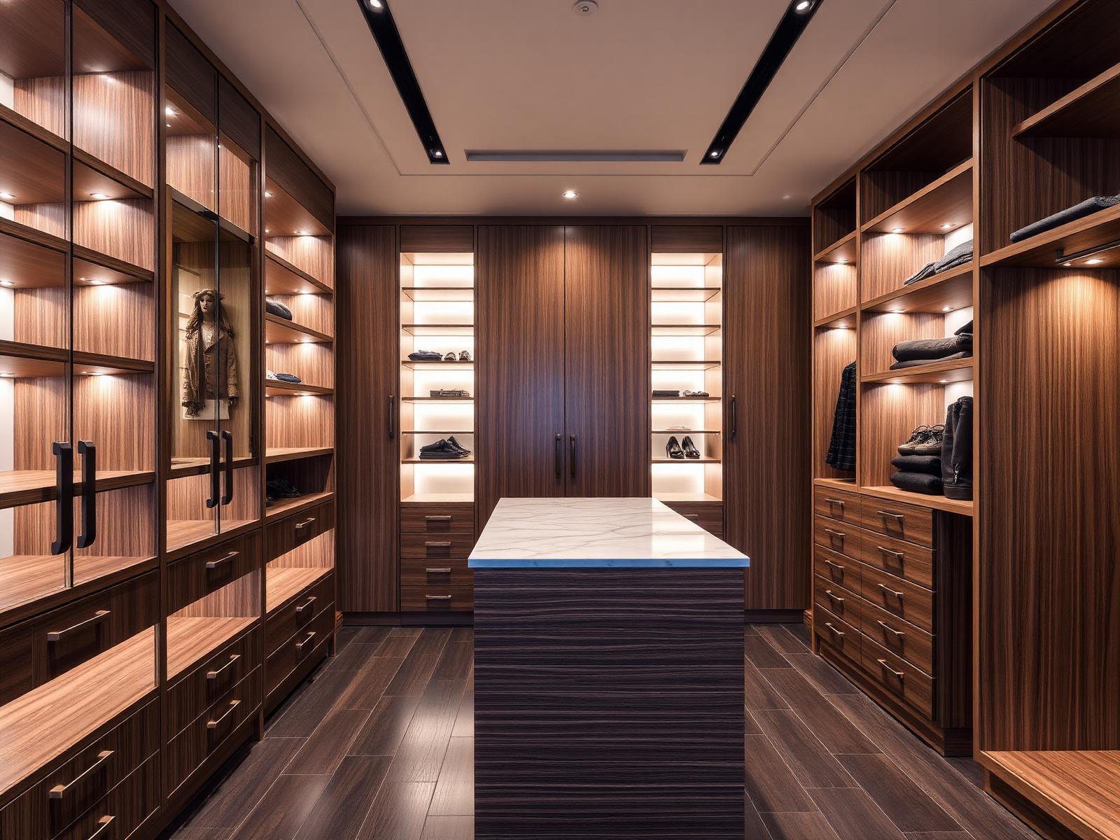 Vestidor walk-in iluminado con isla de mármol